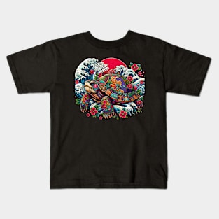 Flower Waves Floral Art Traditional Japanese Turtle Kids T-Shirt